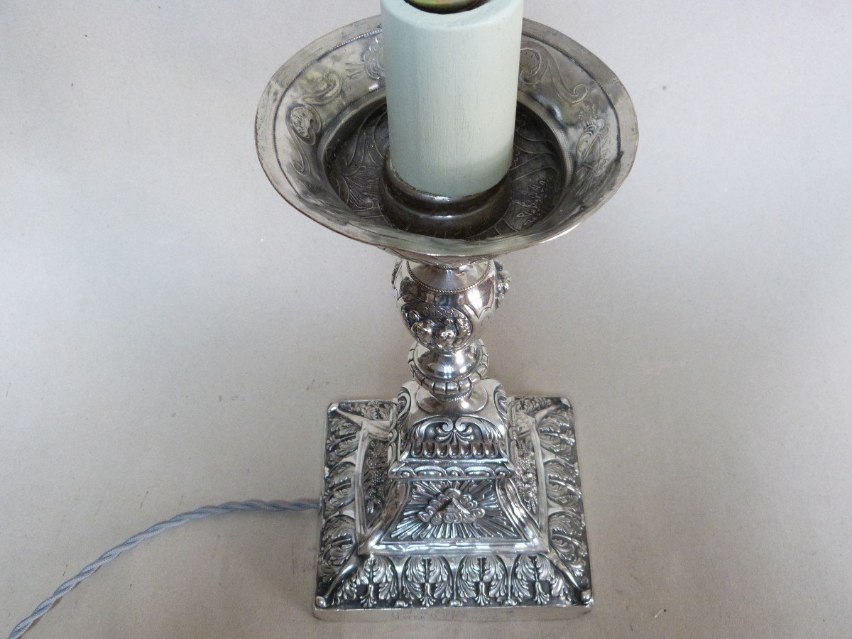 Solid Silver Candlestick Mounted As A Lamp, Restoration Period, 19th Century, Cherub Decor -photo-8