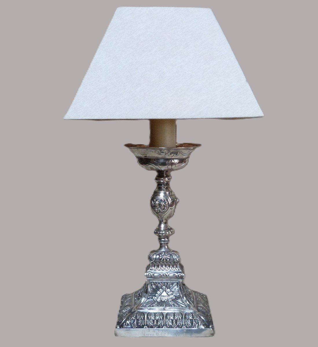 Solid Silver Candlestick Mounted As A Lamp, Restoration Period, 19th Century, Cherub Decor 