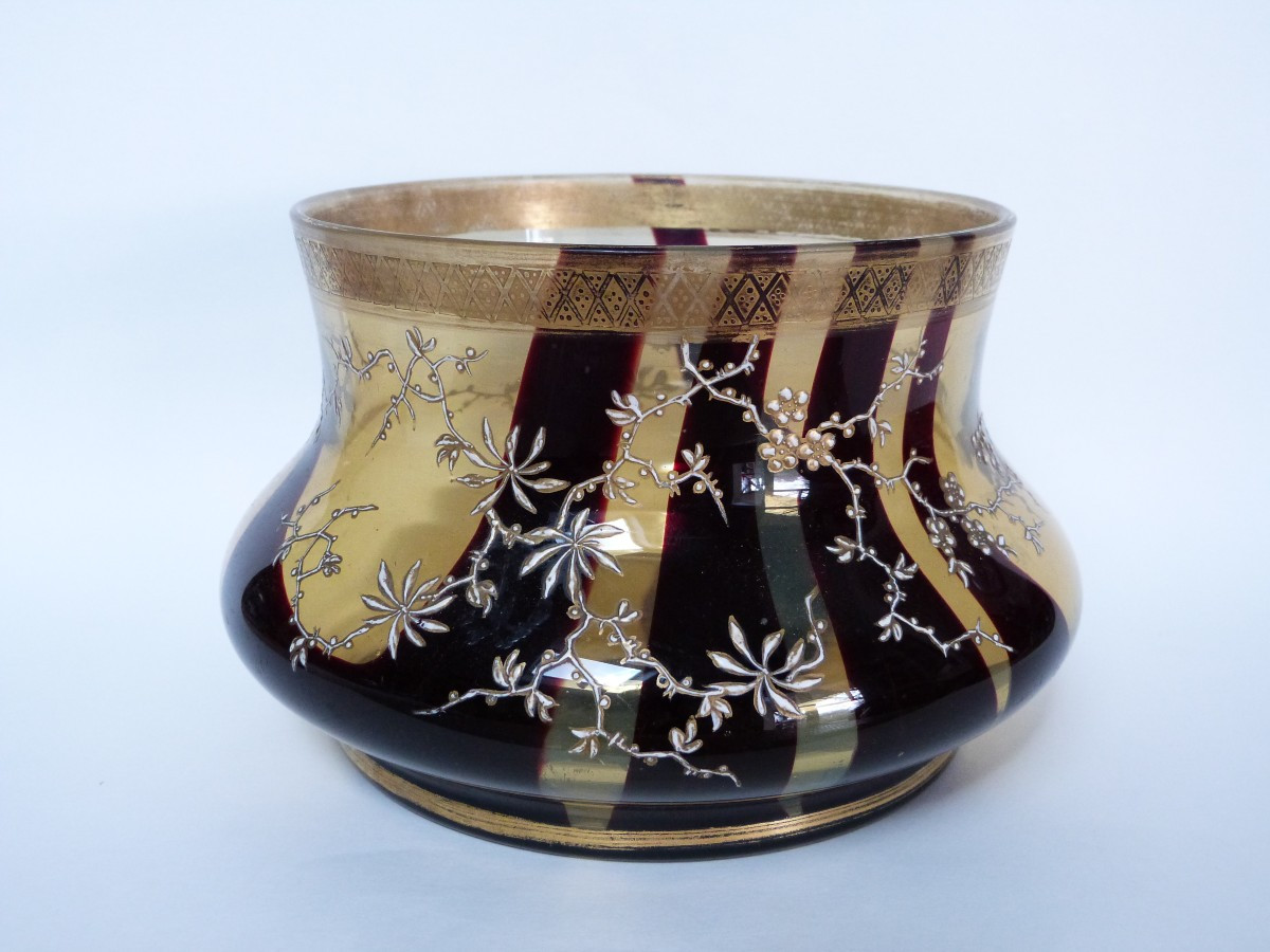 Coupe Vase En Verre émaillé à Décor Japonisant Legras Mellerio ou Bohême 