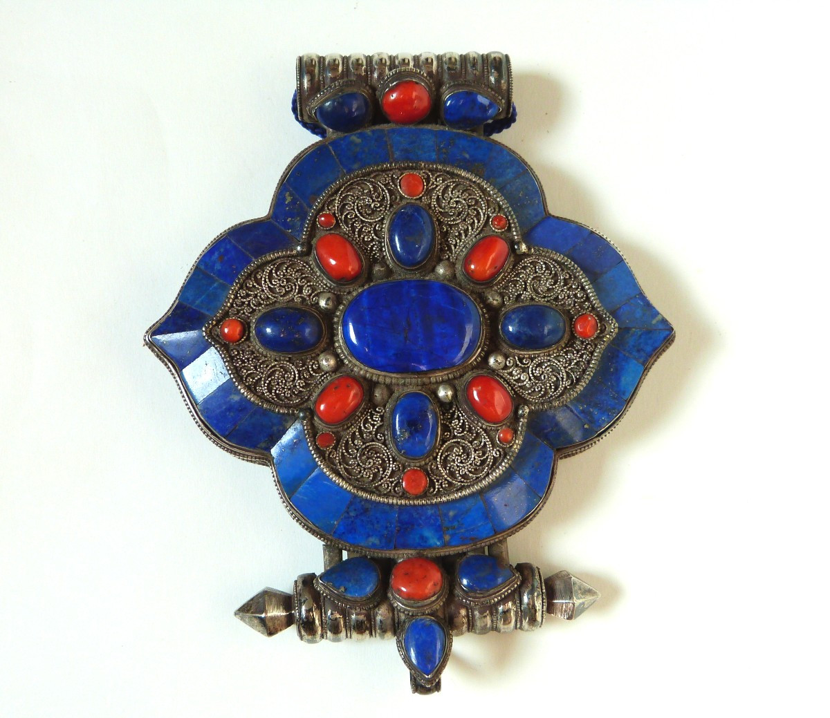 Large Gau Reliquary Pendant In Silver, Lapis Lazuli And Himalayan Coral 