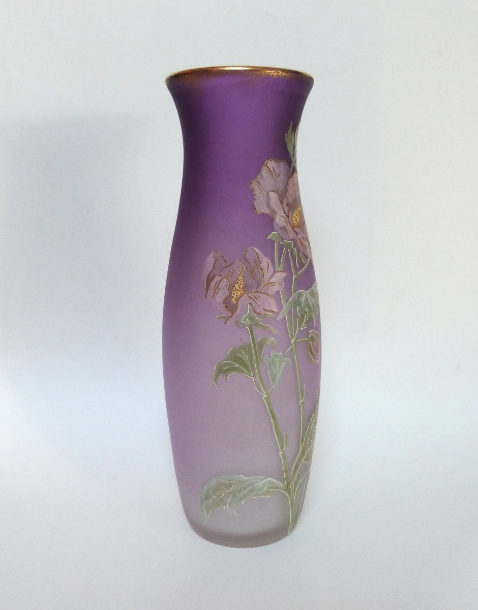 Legras Rare Art Nouveau Vase Decorated With Enameled Hibiscus Flowers -photo-2
