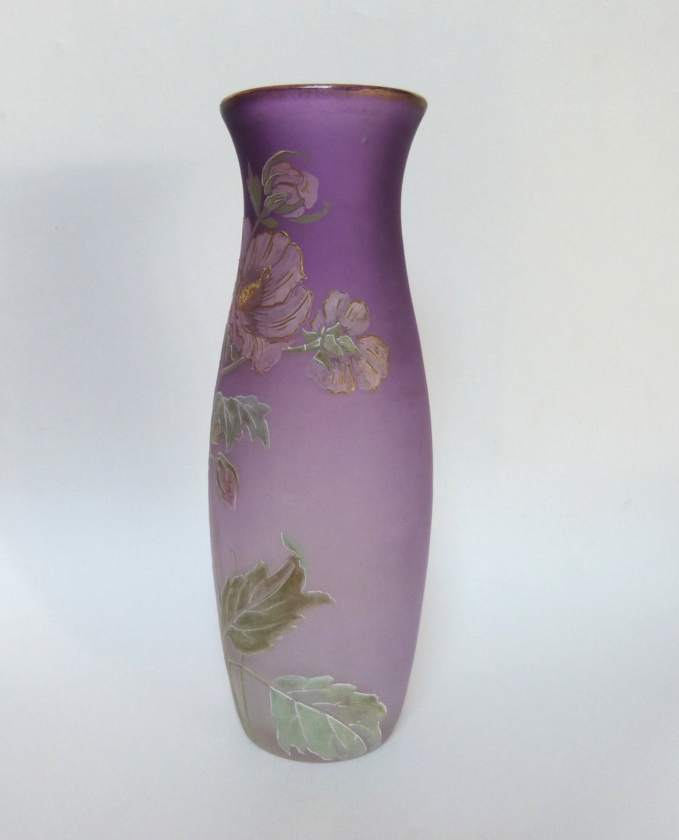 Legras Rare Art Nouveau Vase Decorated With Enameled Hibiscus Flowers -photo-3