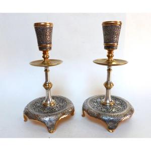 Pair Of Candlesticks Gilt Bronze Damascus Silver Orientalist Style Armand Point Iran Qajar 