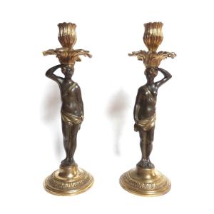 Pair Of Flambeau Candlesticks In Gilt Bronze 18th Century Transition 