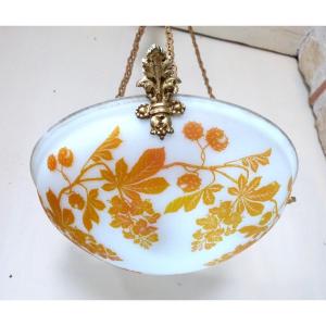 Suspension Lustre à Vasque Début XXe En Verre Dégagé à l'Acide Décor Fleurs Art Nouveau 