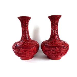 Pair Of Pekin Cinnabar Red Lacquer Vases China Mid 20th Century