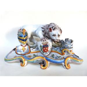 Emile Gallé For Saint Clément Inkwell Heraldic Lion Aurillac Coat Of Arms Eastern Earthenware 