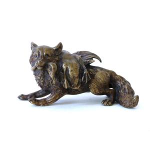 Vienna Bronze Animal Fox And Its Prey Signed M Sch Rare Subject 