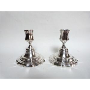 Christofle Louis XV Style 18th Century Silver Plated Metal End Table Candlesticks 