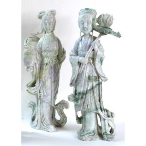 2 Grandes Sculptures En Jade Déesse Du Printemps 31cm Chine XXeme Siècle