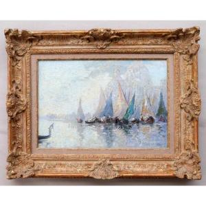 Guérin Le Guay Huile Sur Toile Vue De Venise Voiliers Marine 