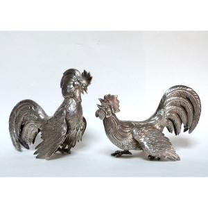 Ornamental Roosters In Solid Silver Spain First Half Of The 20th Century 