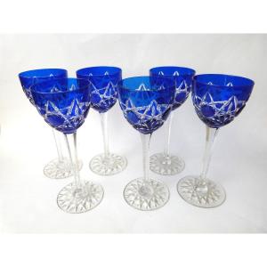 Baccarat 6 Verres Roemer à Vin Du Rhin Cristal Doublé Bleu De Cobalt