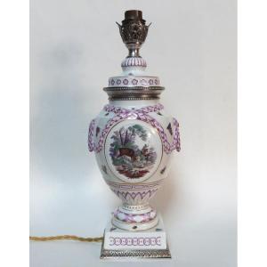 Paris Or Sèvres Porcelain Lamp And Solid Silver Risler And Square Decor Hunting And Butterflies 