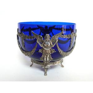 Coupe Argent Massif Et Cristal Bleu Cobalt Femme à l'Antique Aillée Empire