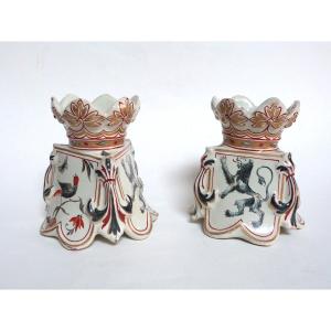 Emile Gallé Rare Paire De Vases En Faïence Décor Héraldique 