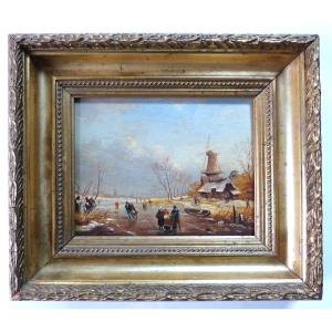 Lange Winter Landscape Dutch School Oil On Panel Gilded Frame 