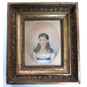 Miniature Drawing Portrait From The 19th Century Empire Period Gilded Frame