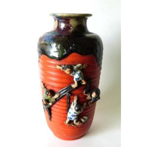 Vase Sumidagawa Japon Meiji Enfants Céramique Banko Ware Stoneware