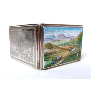 Solid Silver Cigarette Case Painted Enamel Miniature Decor Persia Iran 20th Century 