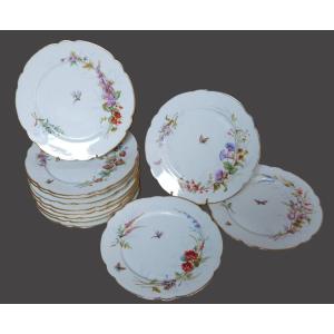 Set Of 12 Chanut Paris Porcelain Plates, 19th Century, Painted Flowers And Insects Decor