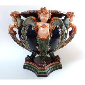 Hugo Lonitz Jardinière Cache Pot En Barbotine Allemagne XIXeme Décor Renaissance Angelots 