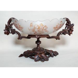 Large Jardinière Bowl In Baccarat Crystal And Carved Black Forest Wood, 19th Century