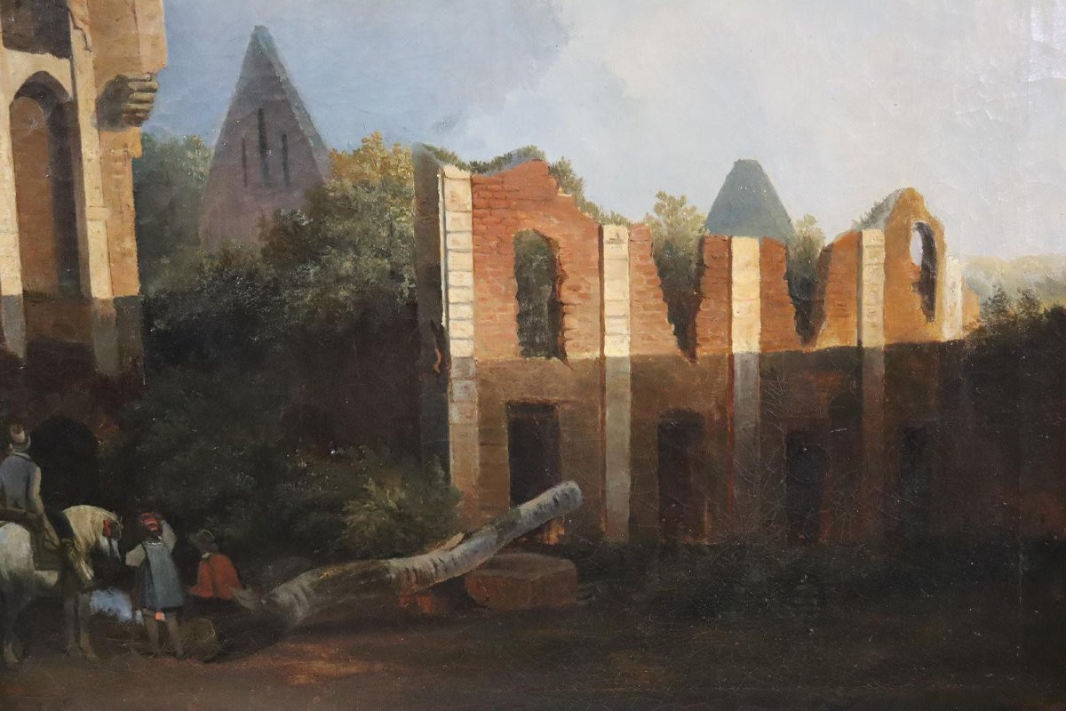 Famille Au Repos Dans Les Ruines 117x89cm Peinture à l'Huile Non Signée Vers 1850-photo-2