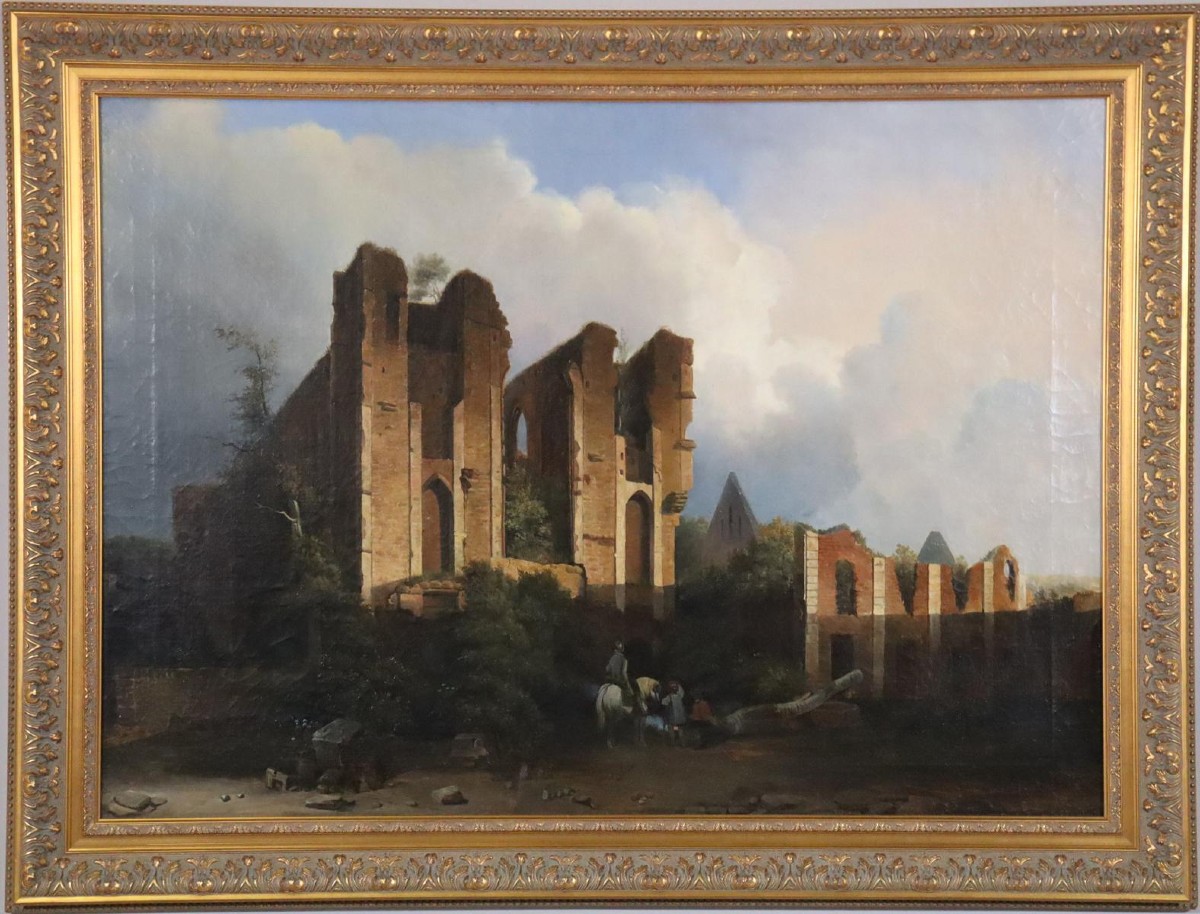 Famille Au Repos Dans Les Ruines 117x89cm Peinture à l'Huile Non Signée Vers 1850