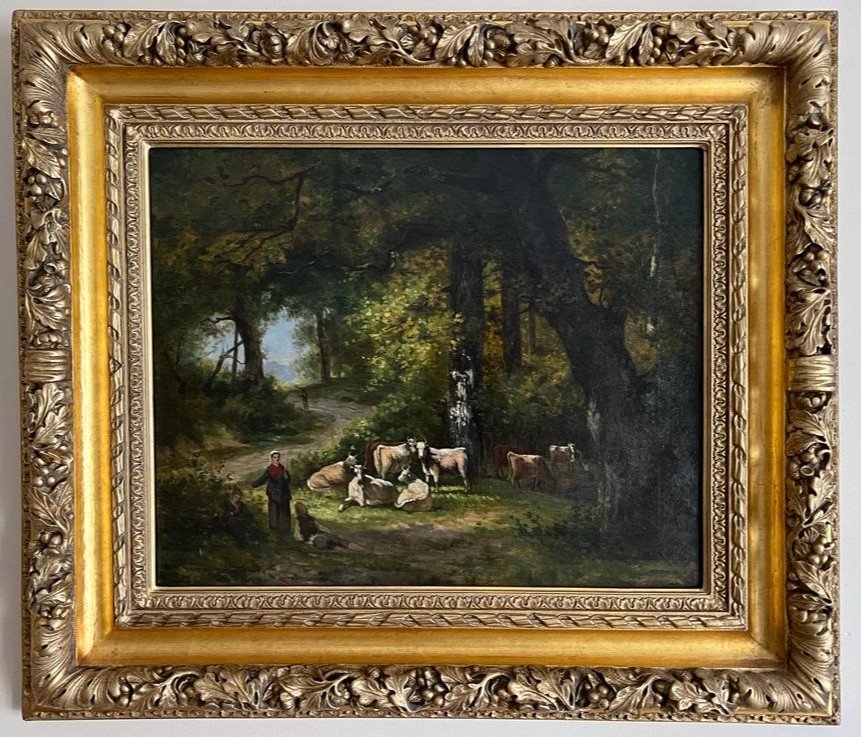 Tableau Huile Sur Toile Peinture Vaches Dans La Foret XIXème.-photo-1