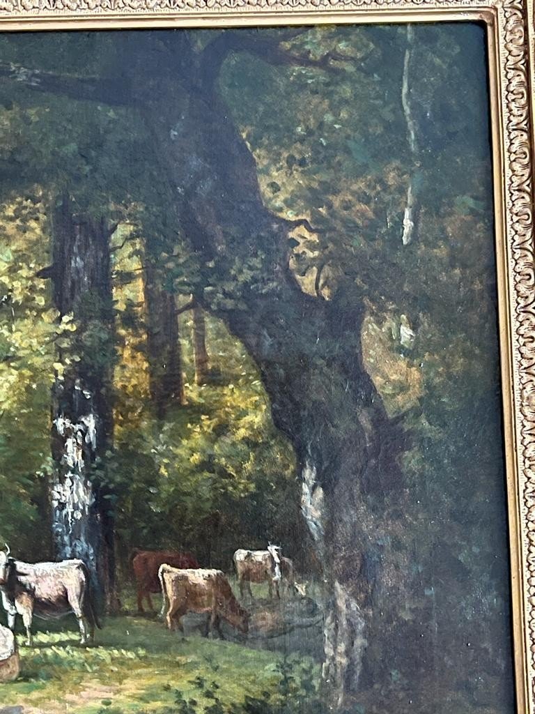 Tableau Huile Sur Toile Peinture Vaches Dans La Foret XIXème.-photo-8