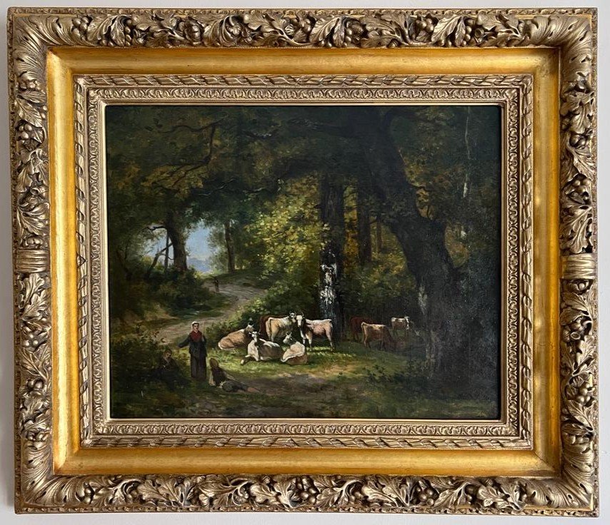 Tableau Huile Sur Toile Peinture Vaches Dans La Foret XIXème.