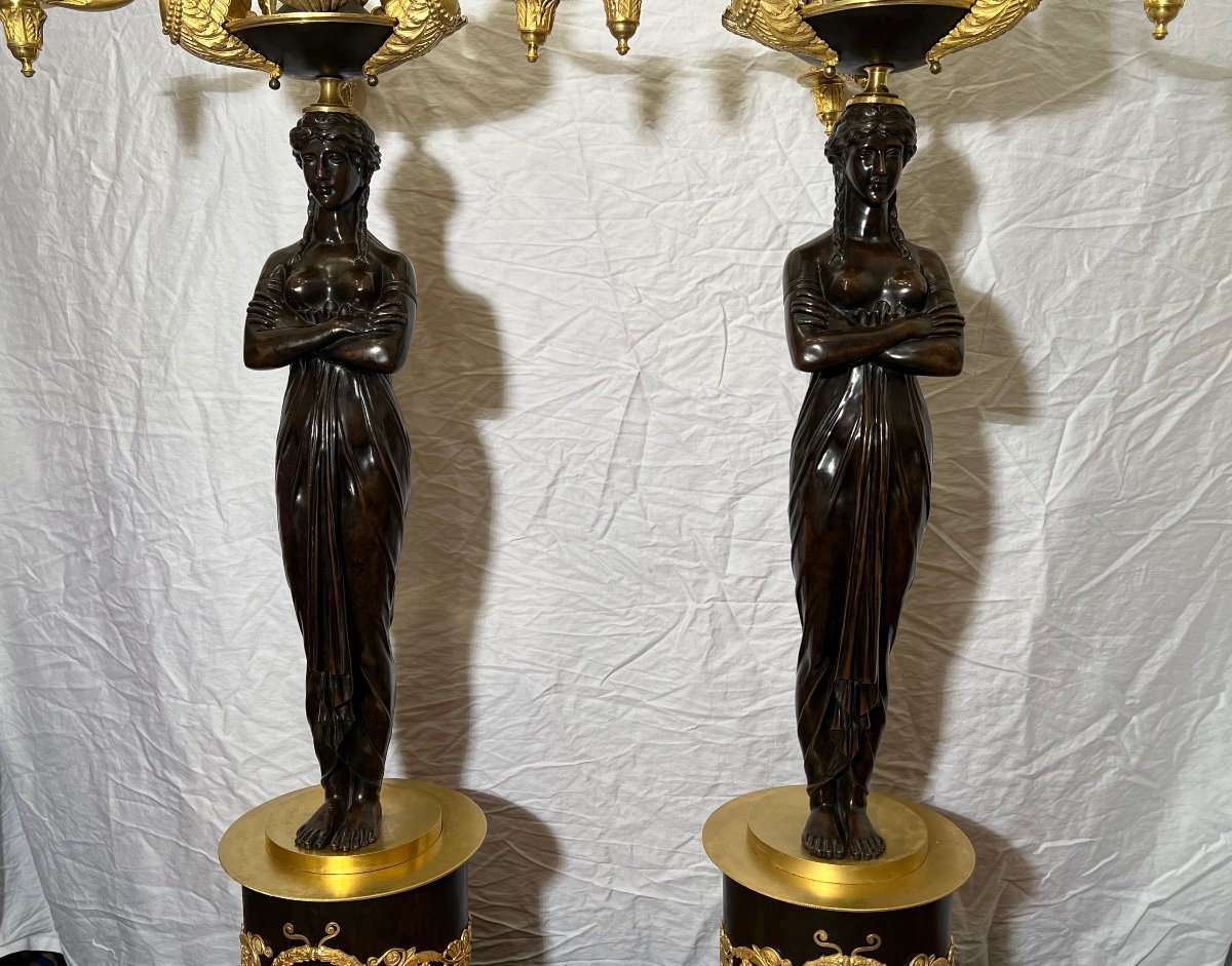 Pair Of Very Important Empire Period Candelabra In Patina And Gilt Bronze-photo-3