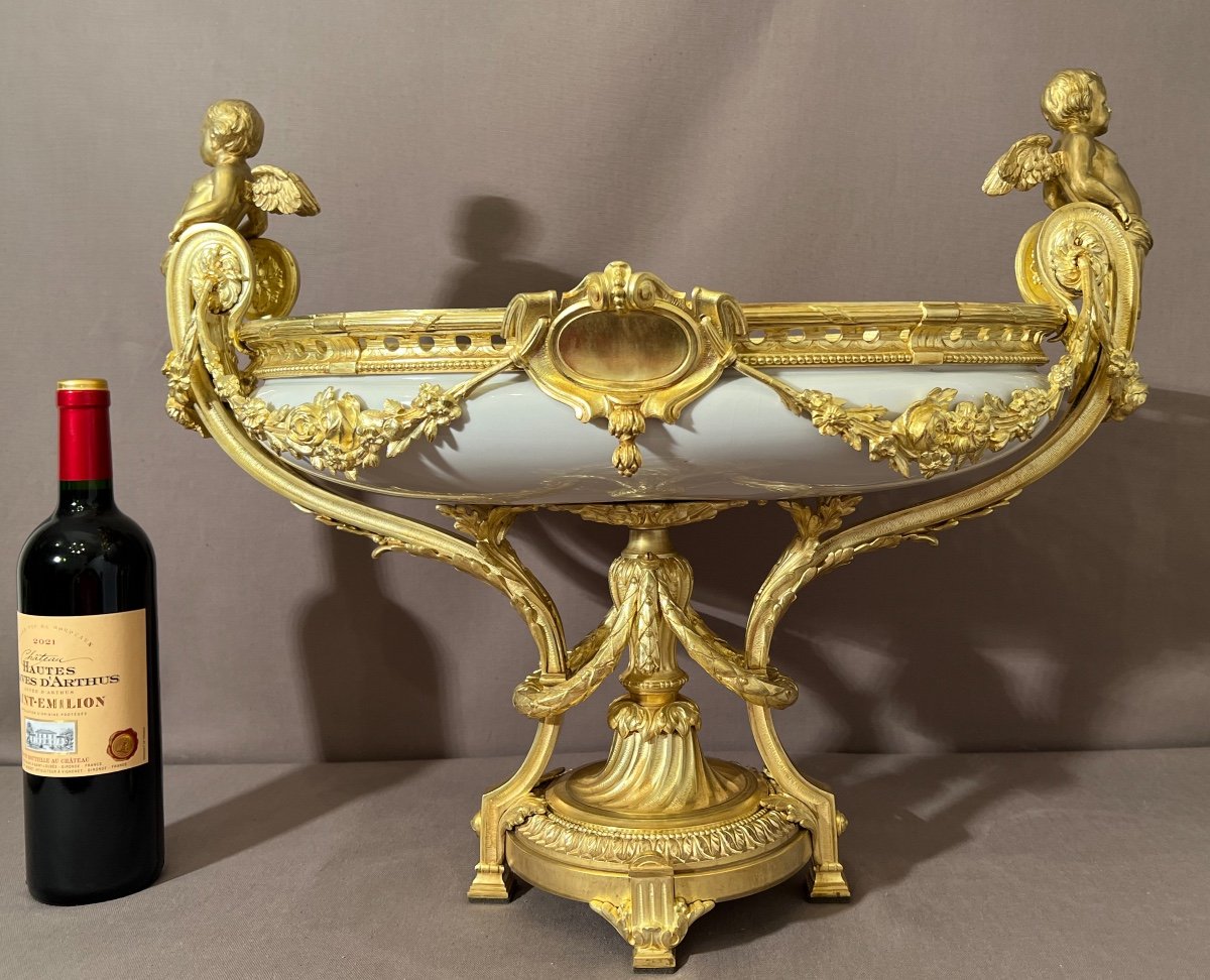 Grande Coupe Centre De Table En Porcelaine De Paris Et Bronze Ciselé Doré XIXème-photo-2