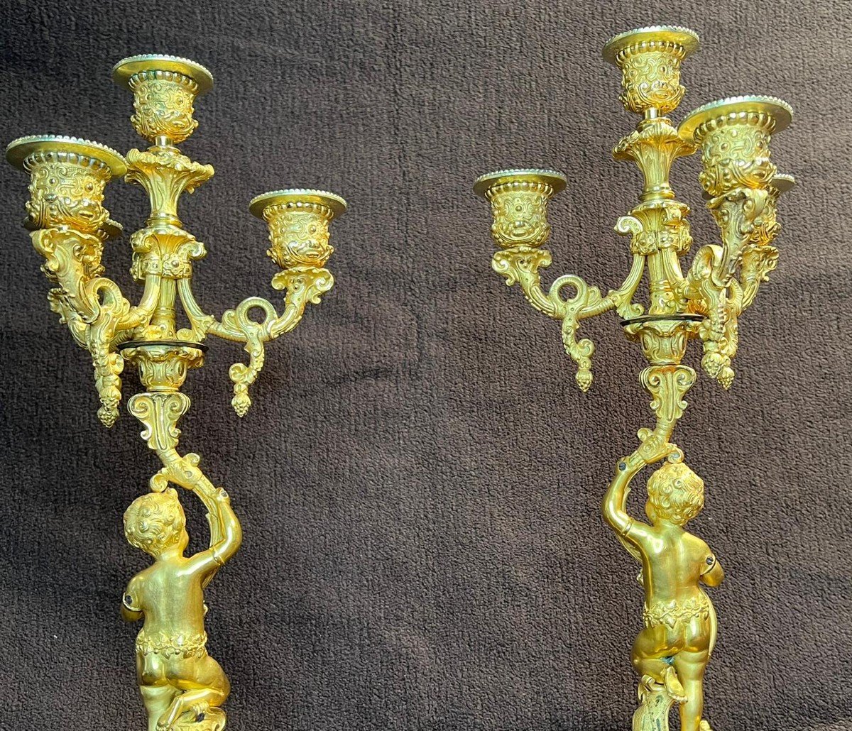 Pair Of Gilt Bronze Candelabra With Puttis, 19th Century-photo-5