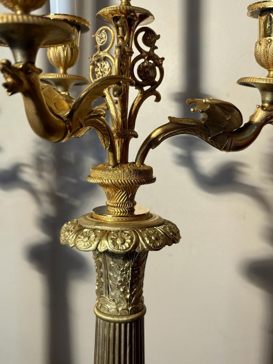 Large Pair Of Candelabra (torches) In Gilt Bronze Early 19th Century.-photo-1