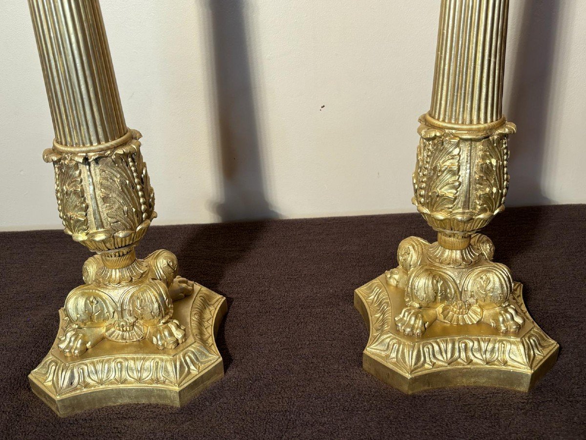 Large Pair Of Candelabra (torches) In Gilt Bronze Early 19th Century.-photo-4