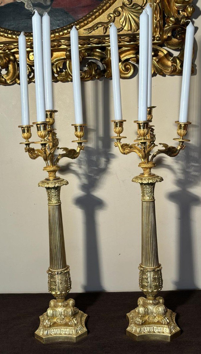 Large Pair Of Candelabra (torches) In Gilt Bronze Early 19th Century.