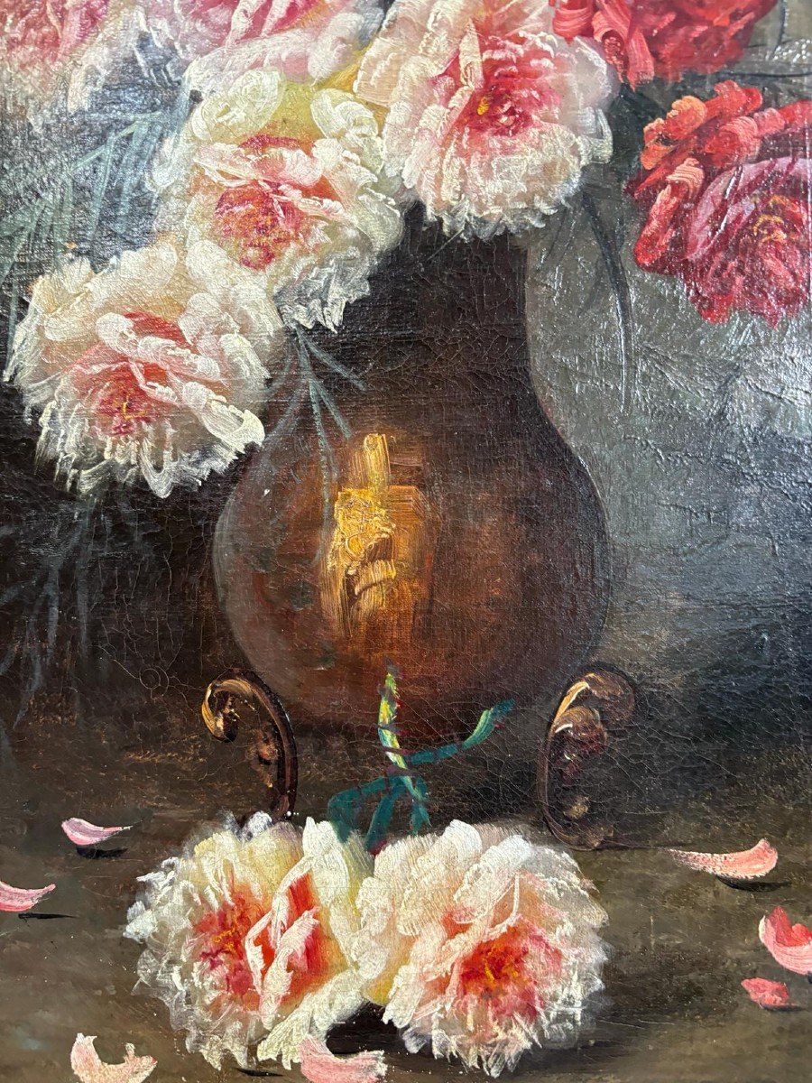 Painting Oil On Canvas By Max Carlier (1872-1938) Flowers Still Life-photo-3