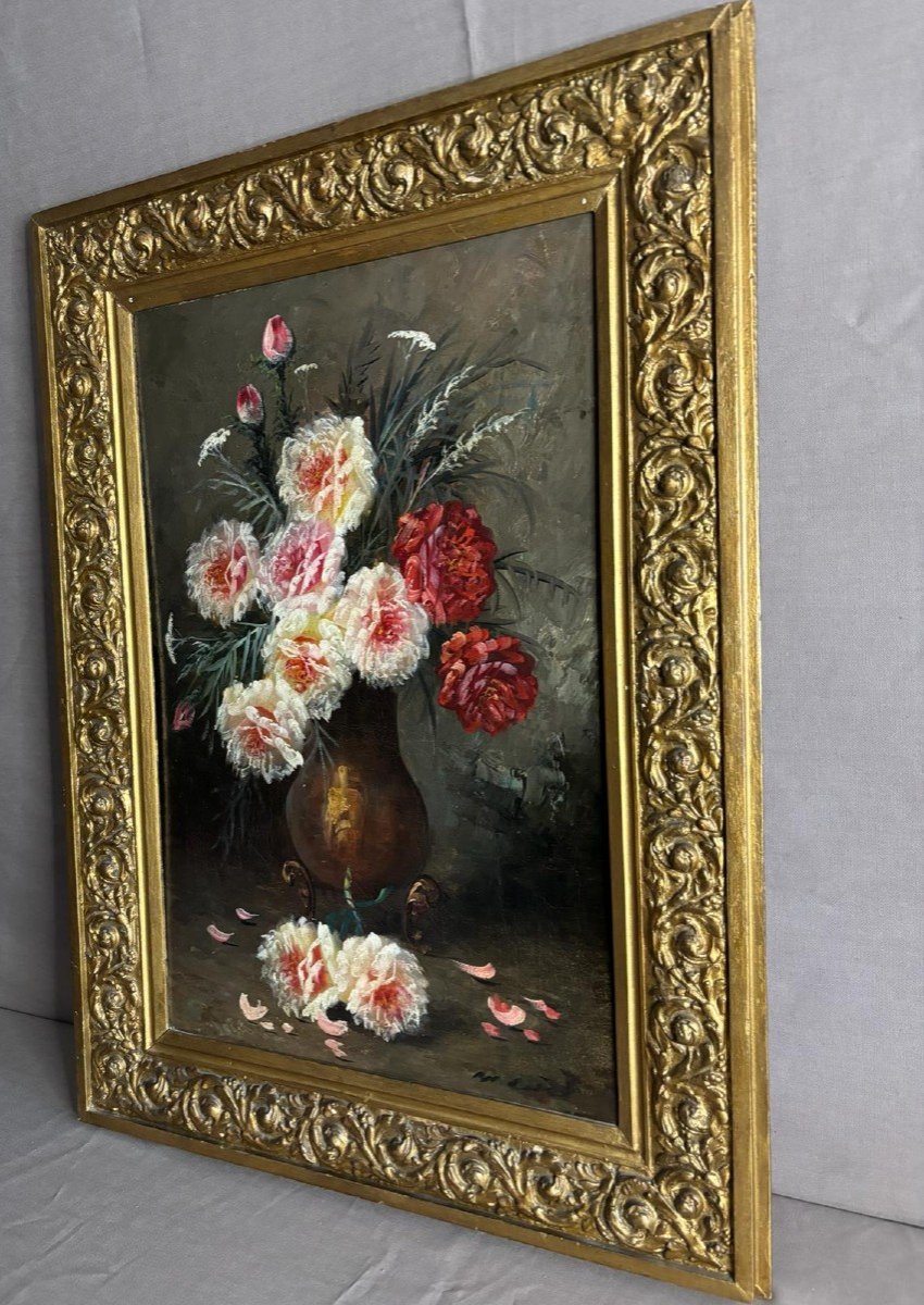 Painting Oil On Canvas By Max Carlier (1872-1938) Flowers Still Life-photo-4