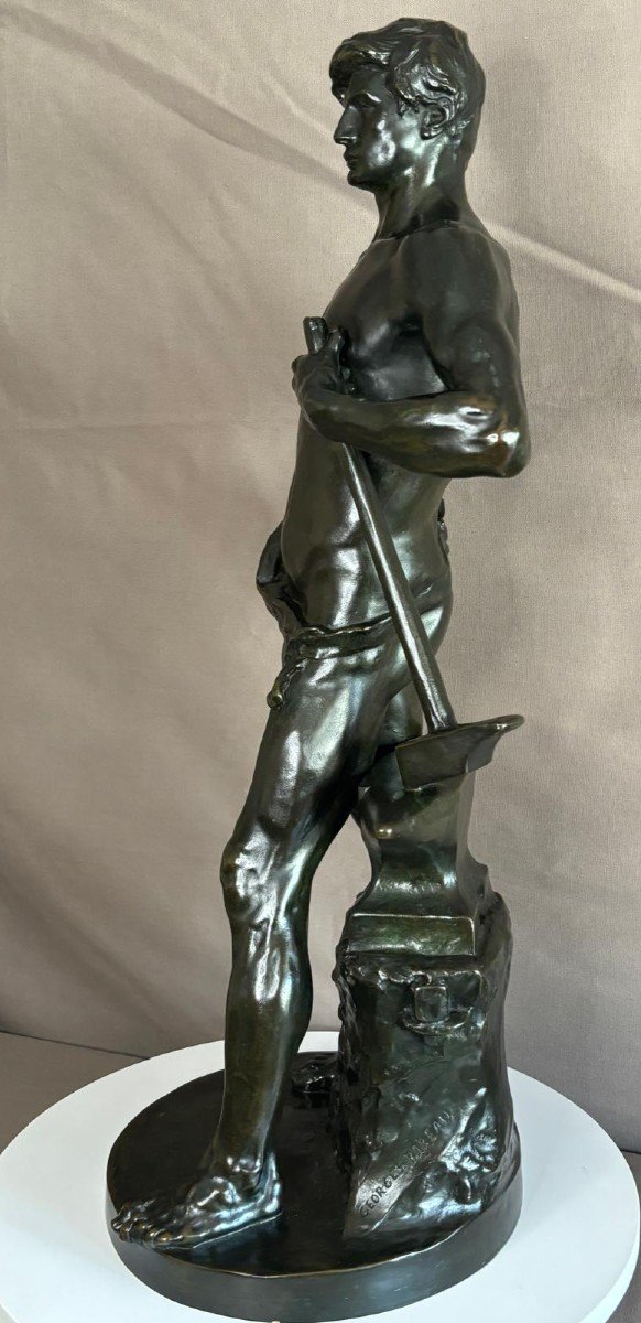 Statue En Bronze Jeune Forgeron, Georges Bareau (1866-1931) Fondeur "f. Barbedienne" Paris-photo-2