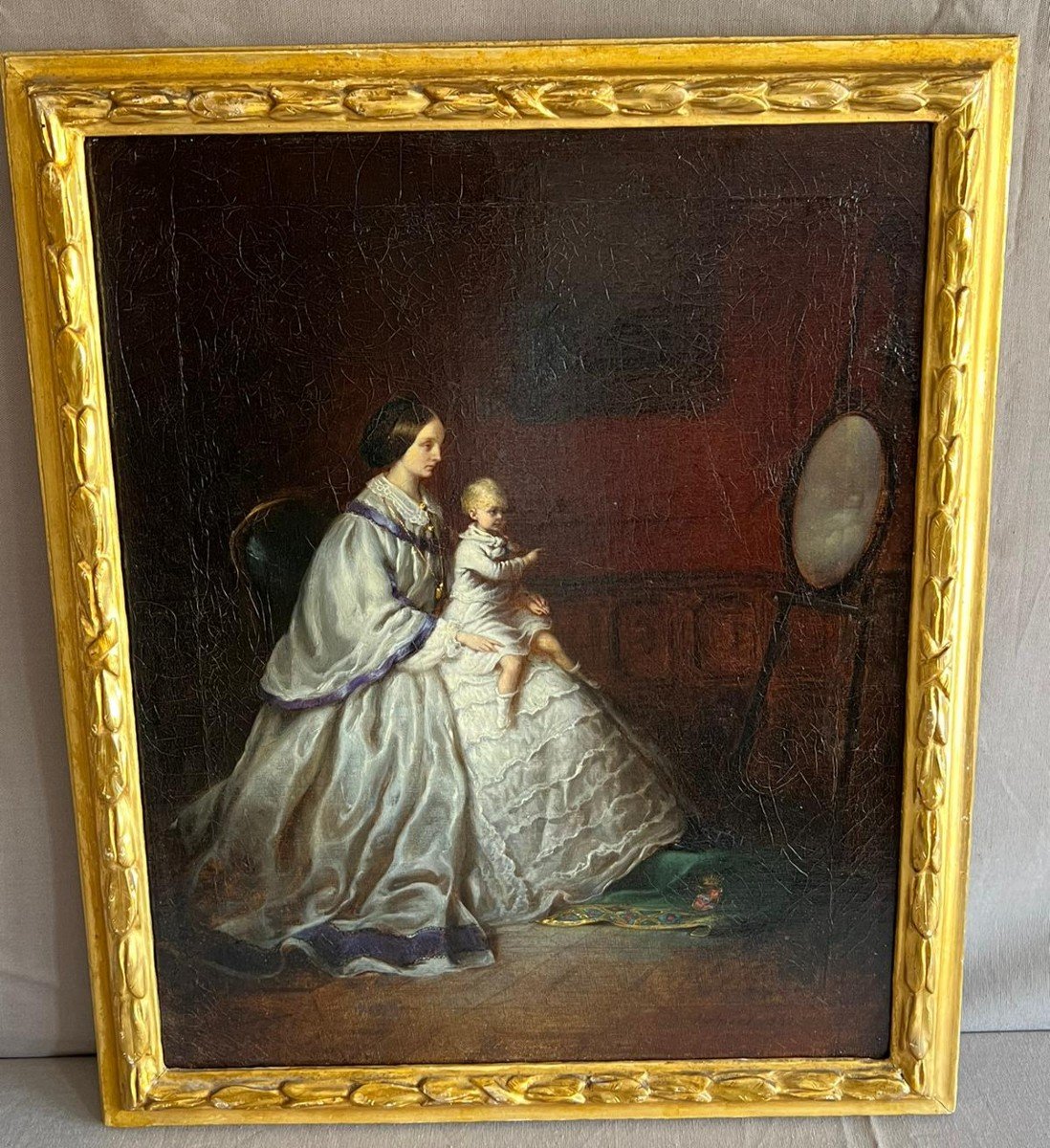 Huile Sur Toile Portrait Mère Avec Enfant XIXème Siècle-photo-2