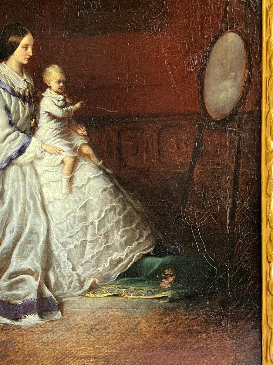 Huile Sur Toile Portrait Mère Avec Enfant XIXème Siècle-photo-4