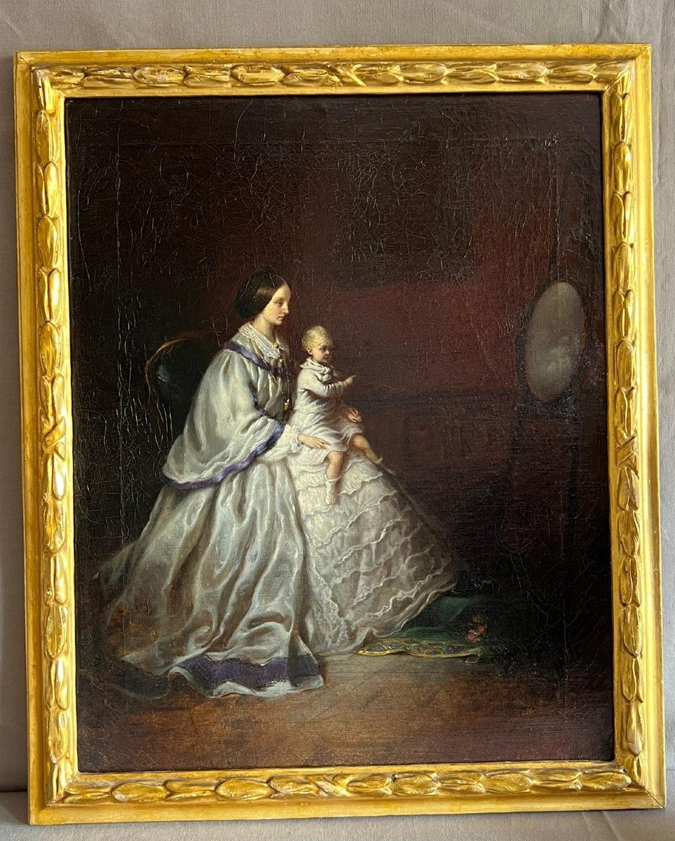 Huile Sur Toile Portrait Mère Avec Enfant XIXème Siècle