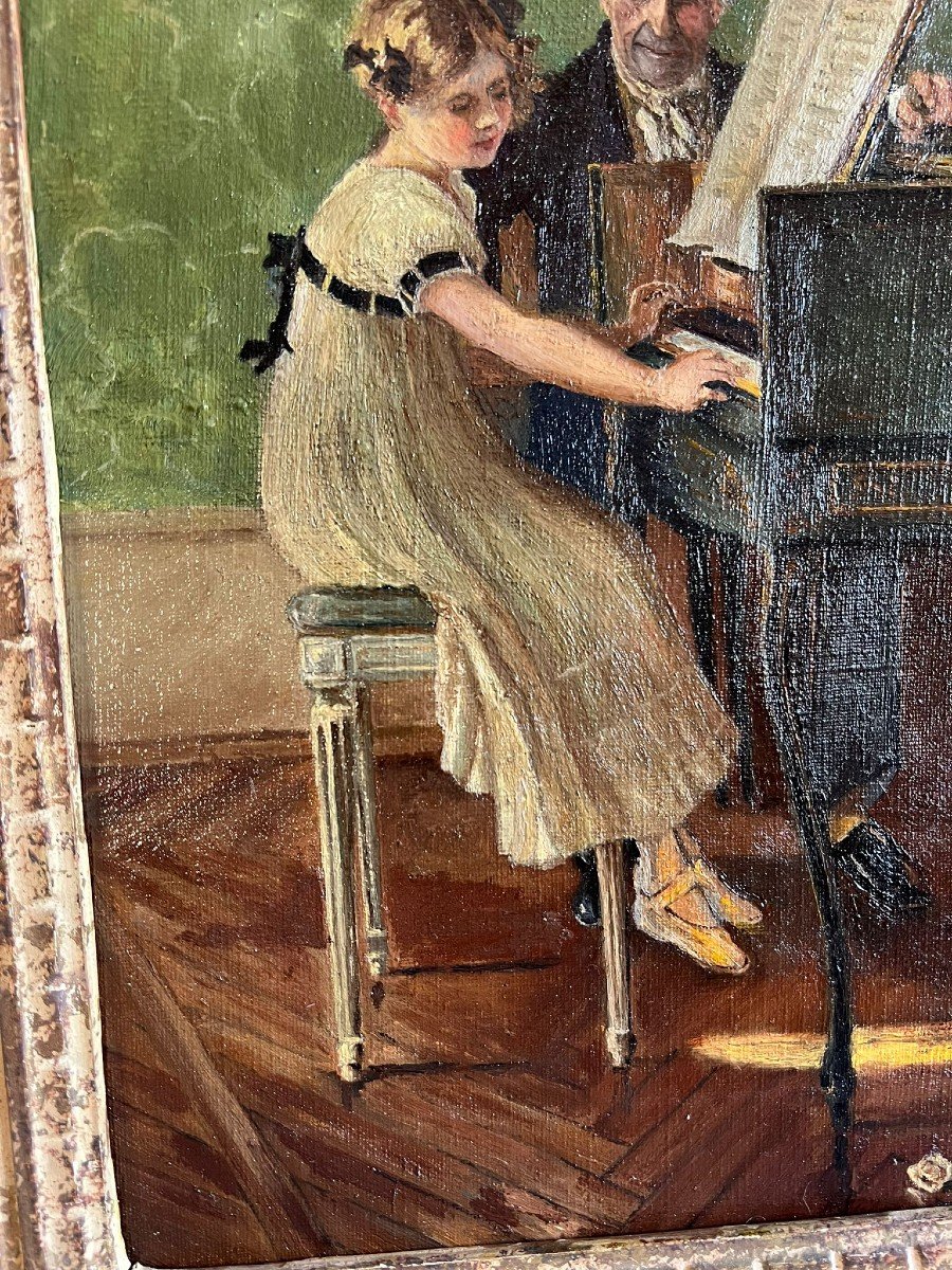 Oil On Canvas Young Girl Playing The Piano With A Teacher-photo-2