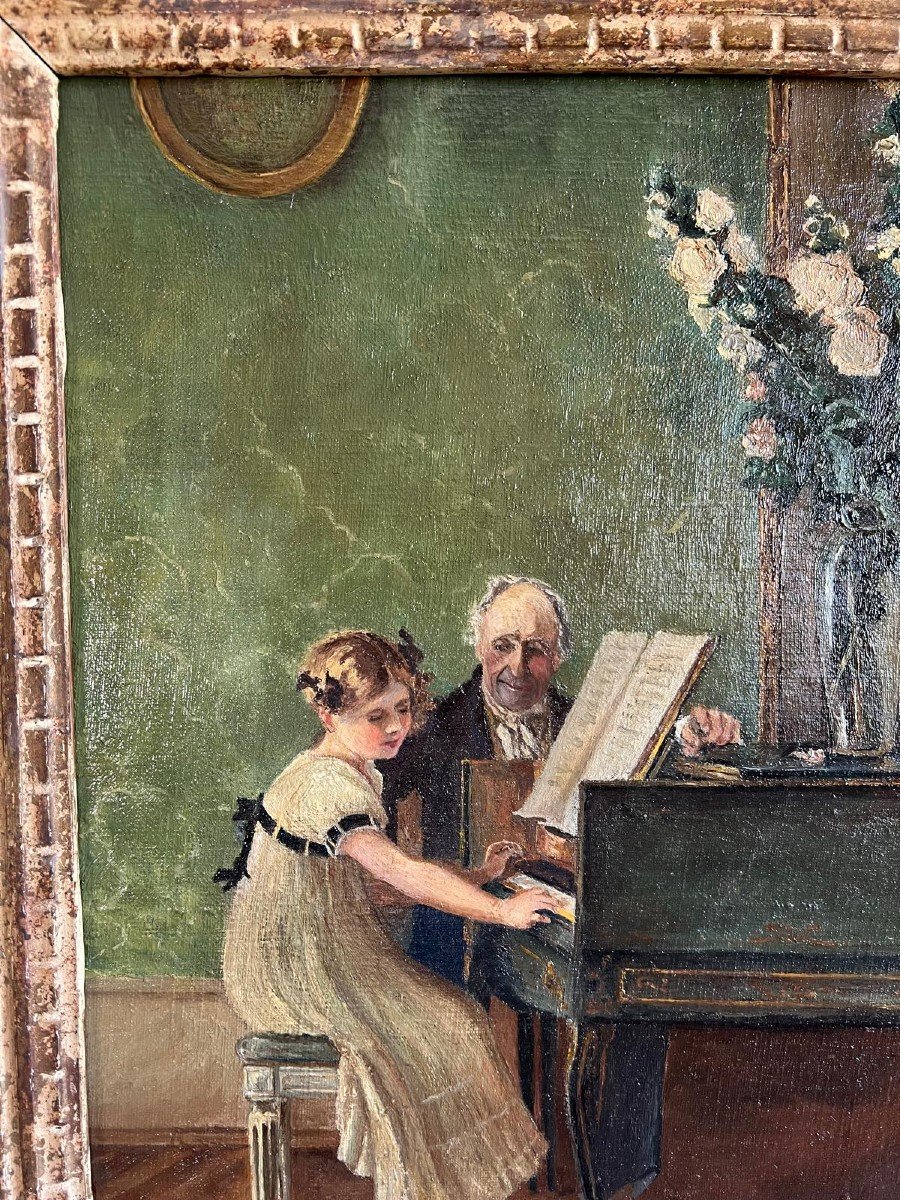 Oil On Canvas Young Girl Playing The Piano With A Teacher-photo-3