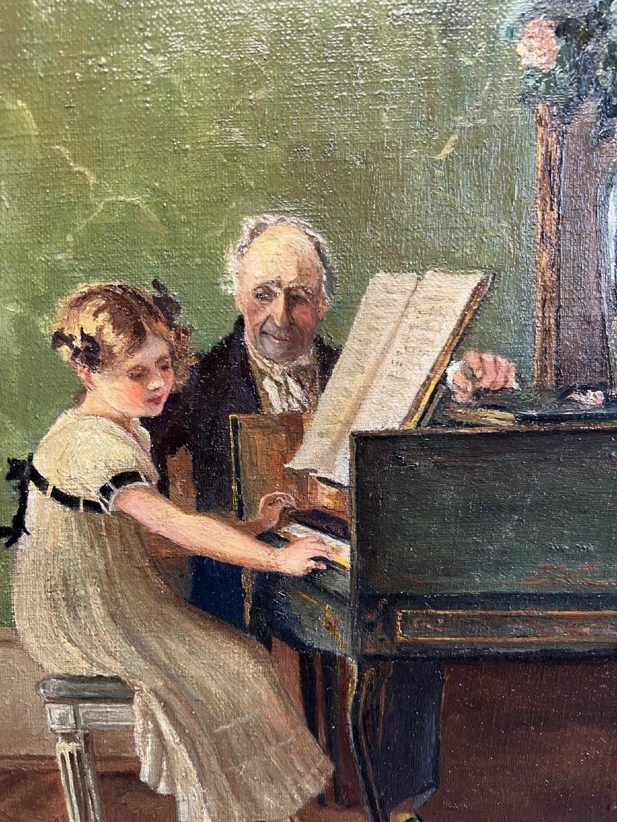 Oil On Canvas Young Girl Playing The Piano With A Teacher-photo-4