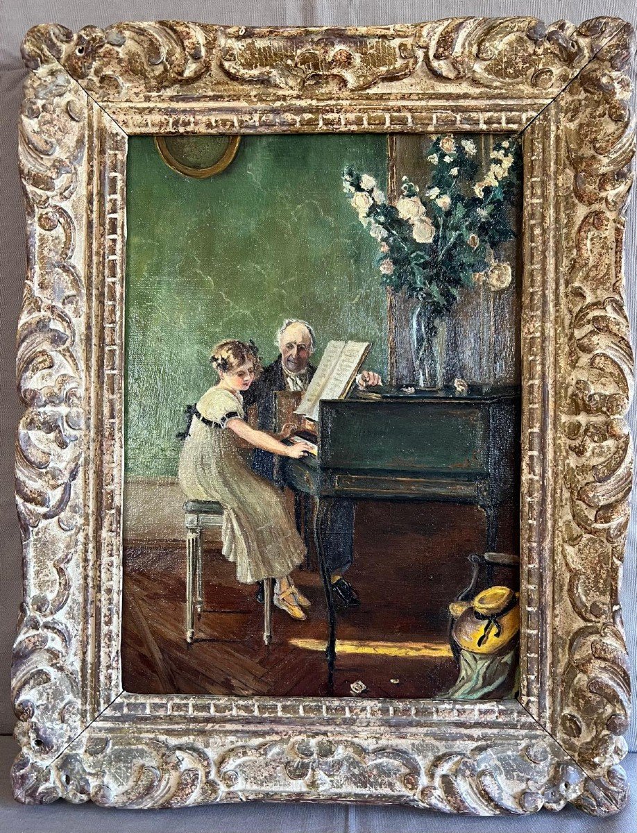 Oil On Canvas Young Girl Playing The Piano With A Teacher