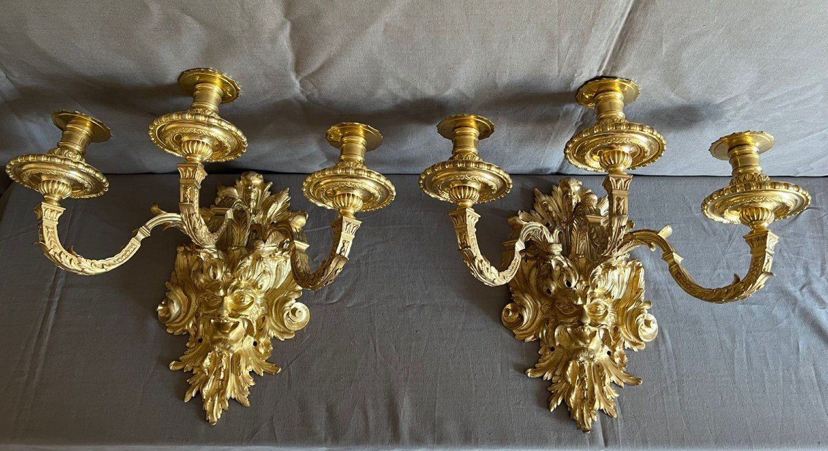 Pair Of Gilt Bronze Wall Lights, Louis XIV Style, Mid-19th Century.  