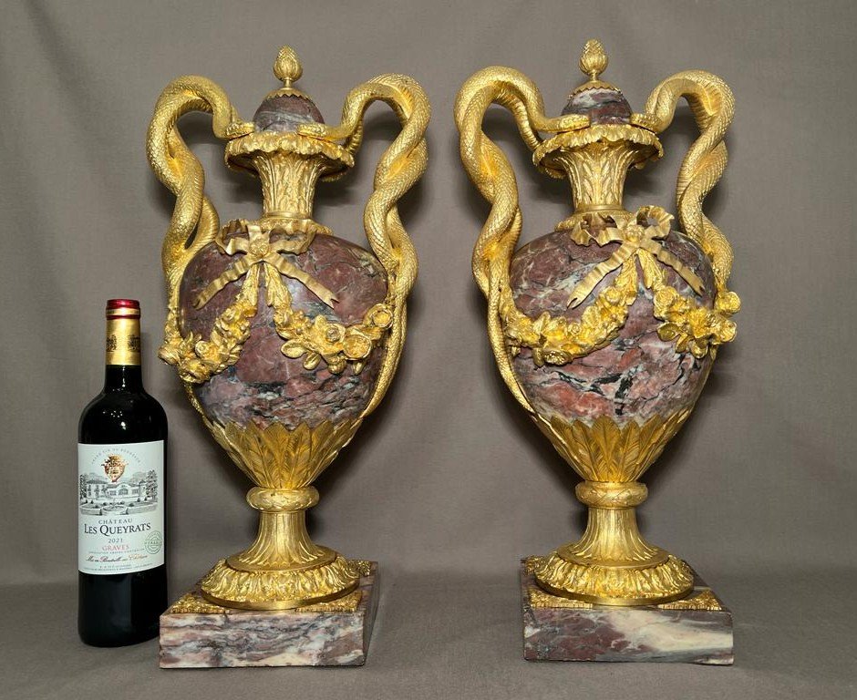 Paire Des Vases En Marbre Brèche Violette Et Bronze Doré De Style Louis XVI Du 19ème Siècle-photo-2